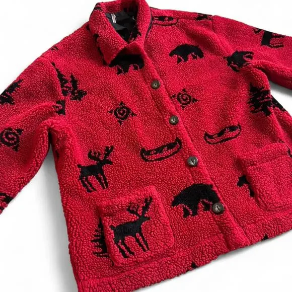 Oversized Red Fleece Jacket – Cabincore Bear Cozy 2-3X - Picture 5 of 8